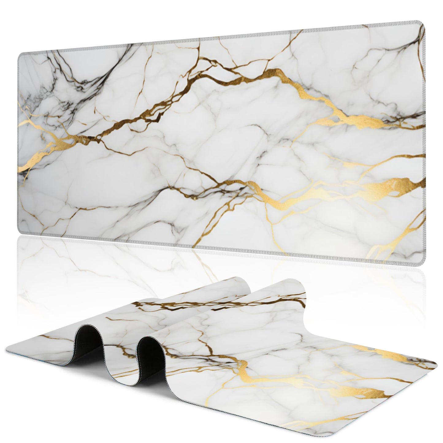 Uiaoiais Desk Mat,Gold Line Marble Gaming Mouse Pad,31.5""X15.7"" Large Desk Pad with Stitched Edge
