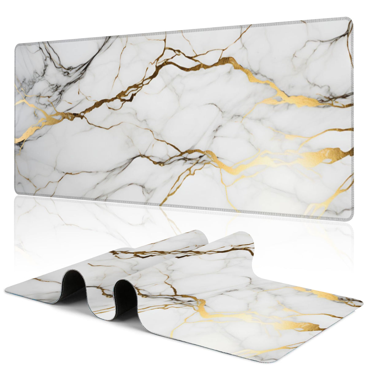 Uiaoiais Desk Mat,Gold Line Marble Gaming Mouse Pad,31.5""X15.7"" Large Desk Pad with Stitched Edge