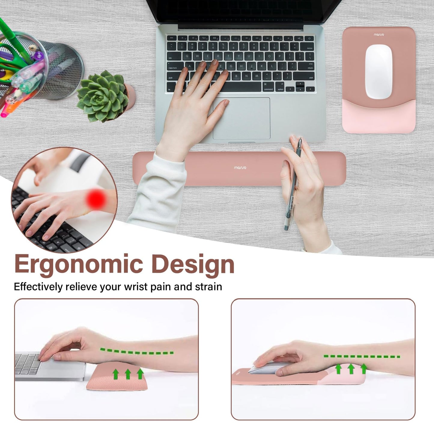 MOSISO Wrist Rest Support Mouse Pad & Keyboard Set, Salmon Pink