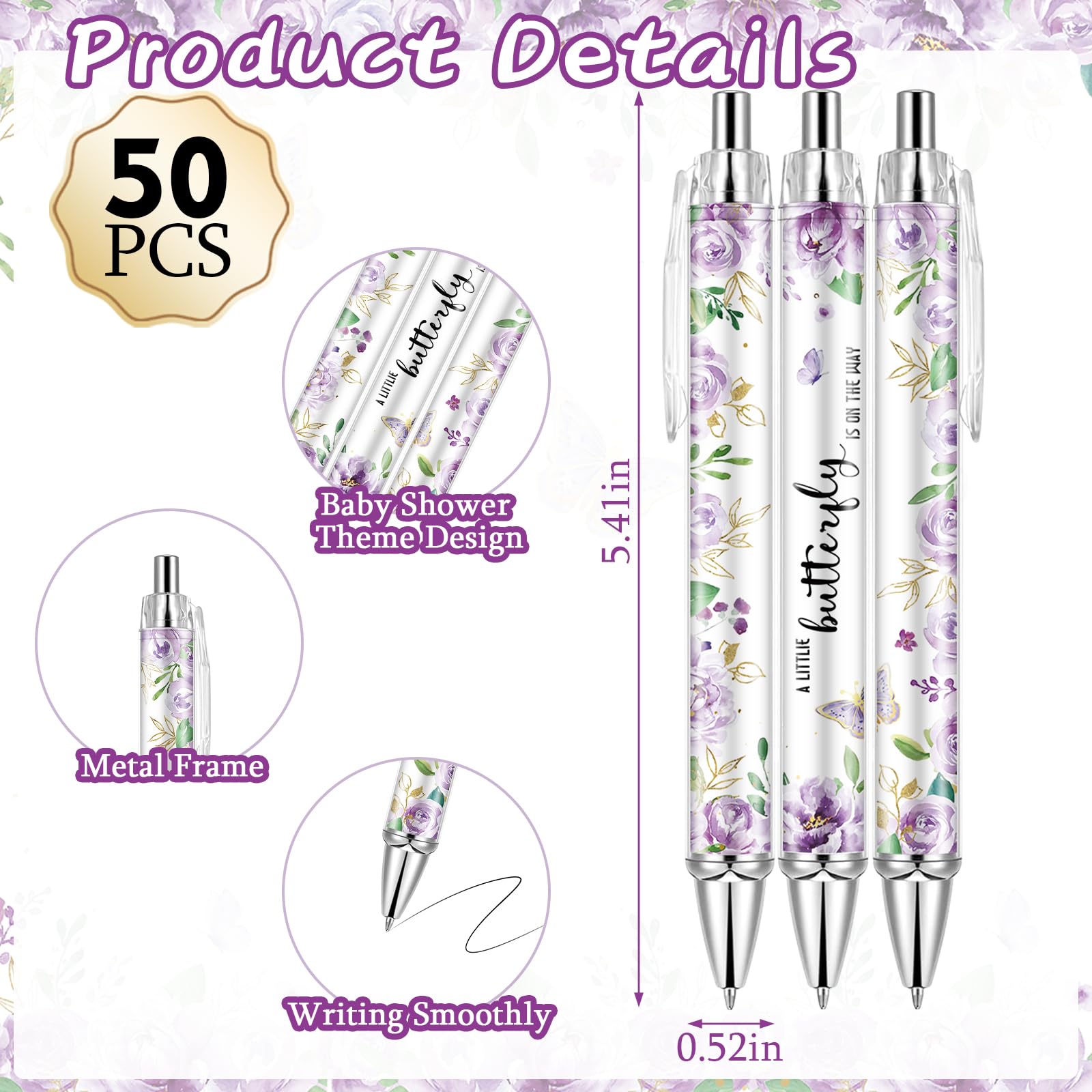 Lebsitey 50 Sets Purple Butterfly Theme Baby Shower Favors for Guest, Gender Reveal Party pens