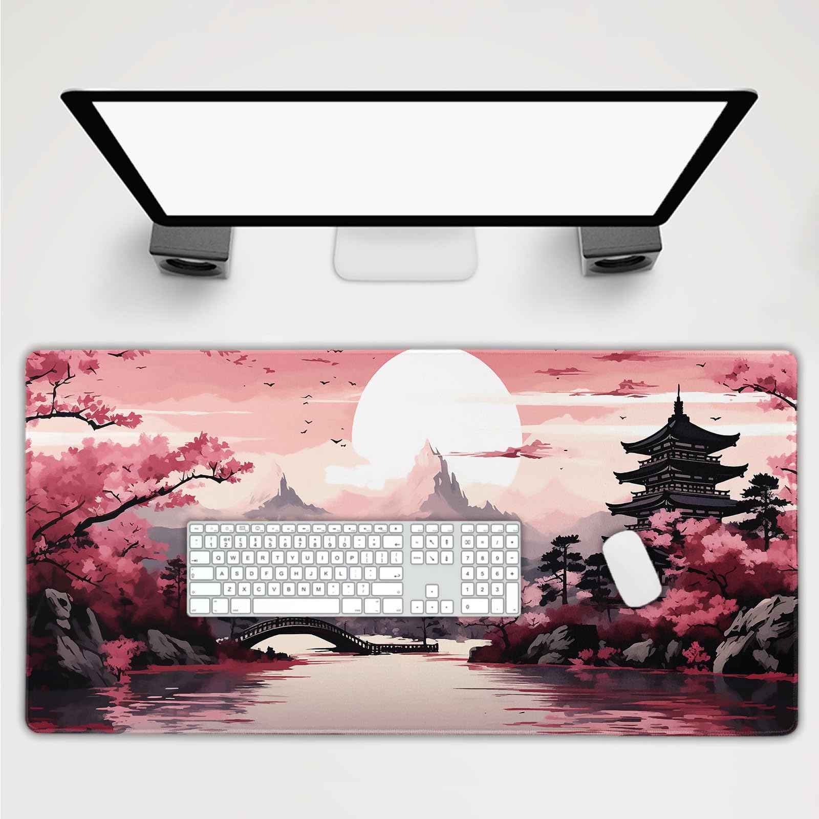 Pink Japanese Sakura Gaming Mouse Pad Extended 3XL Cherry Blossom Tower Mountain Landscape Large