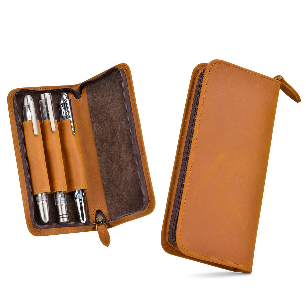 Asvine Fountain Pen Case 3 Divided Slots Crazy Horse Leather Pen Holder, Handmade Display Zippered