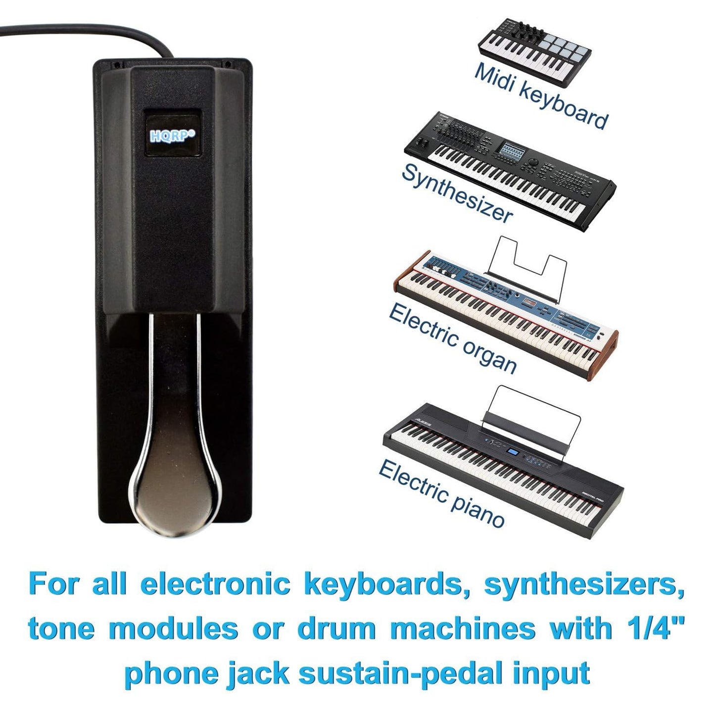 HQRP Sustain Pedal for Keyboard, 6.5 ft Cord, Universal 1/4'' Plug, Polarity Switch, Compatible