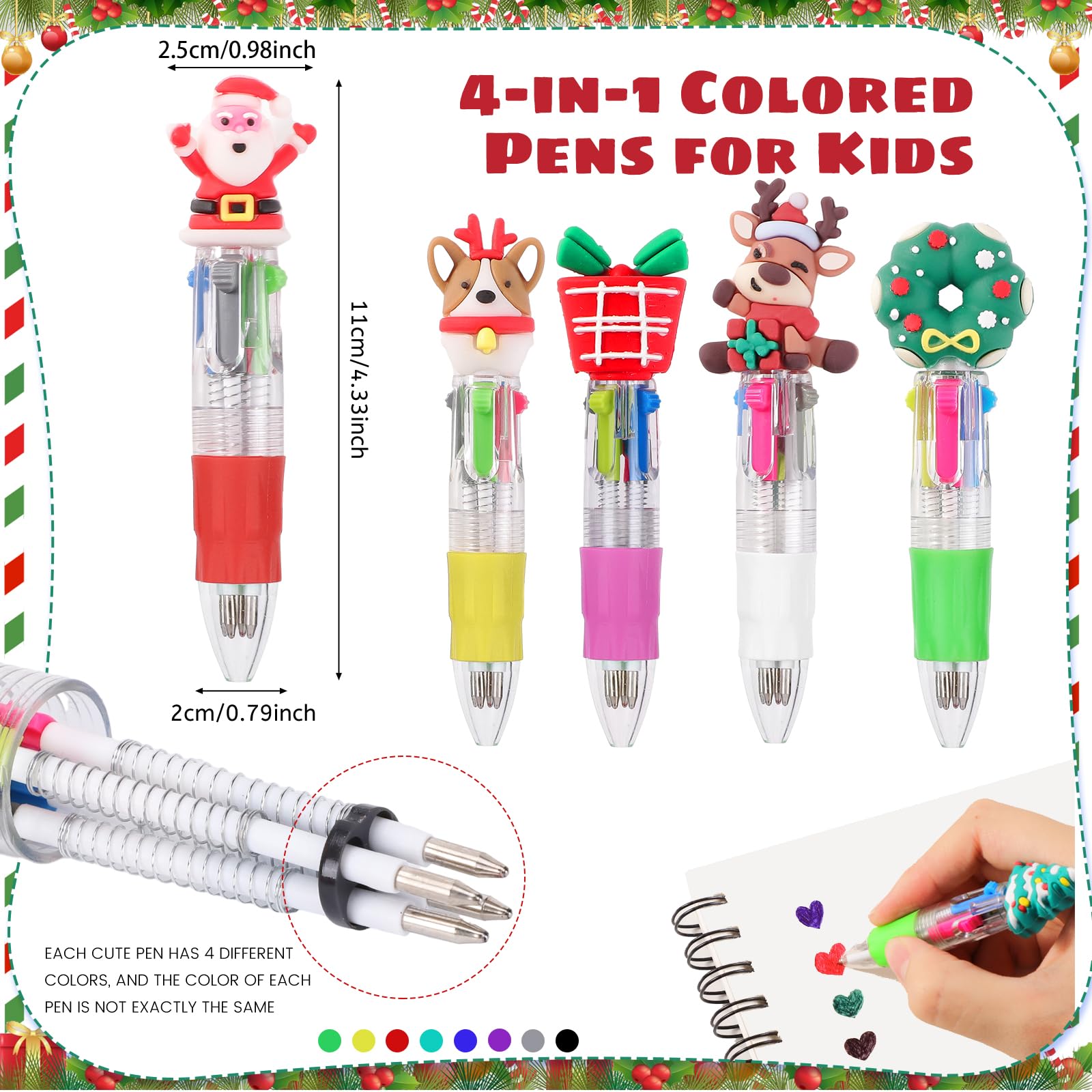 BESARME 48 Packs Christmas Multicolor Pen in One, 4-in-1 Xmas Tree Claus Stocking Stuffers for Teen