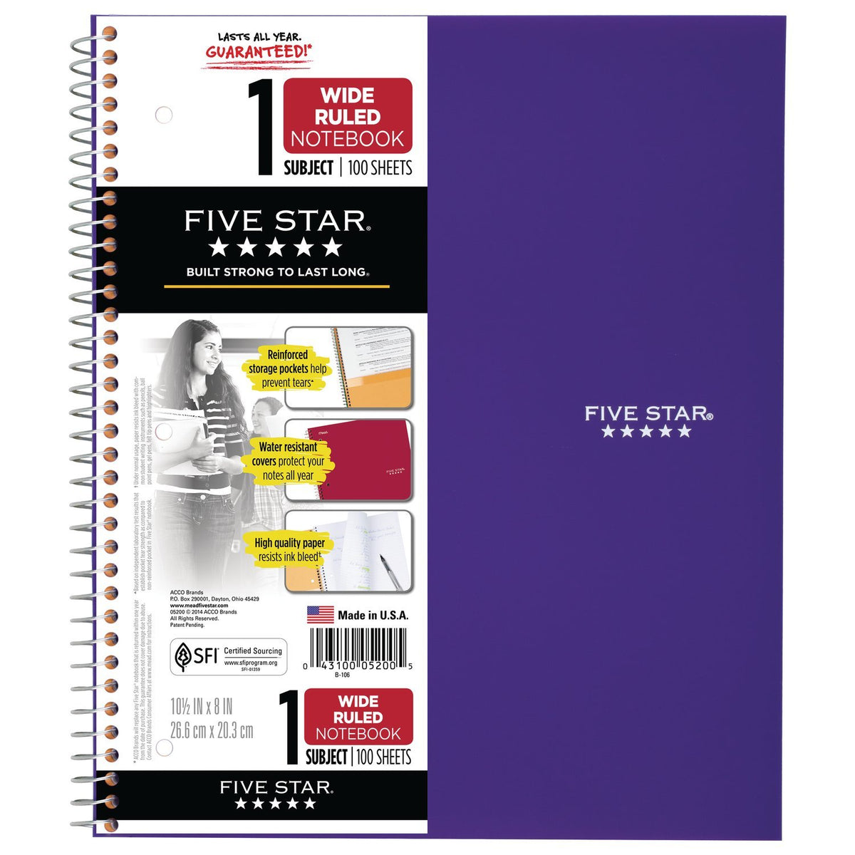Five Star Spiral Notebooks, 1 Subject, Wide Ruled Paper, 100 Sheets, 10-1/2" x 8", Green, Purple, 2