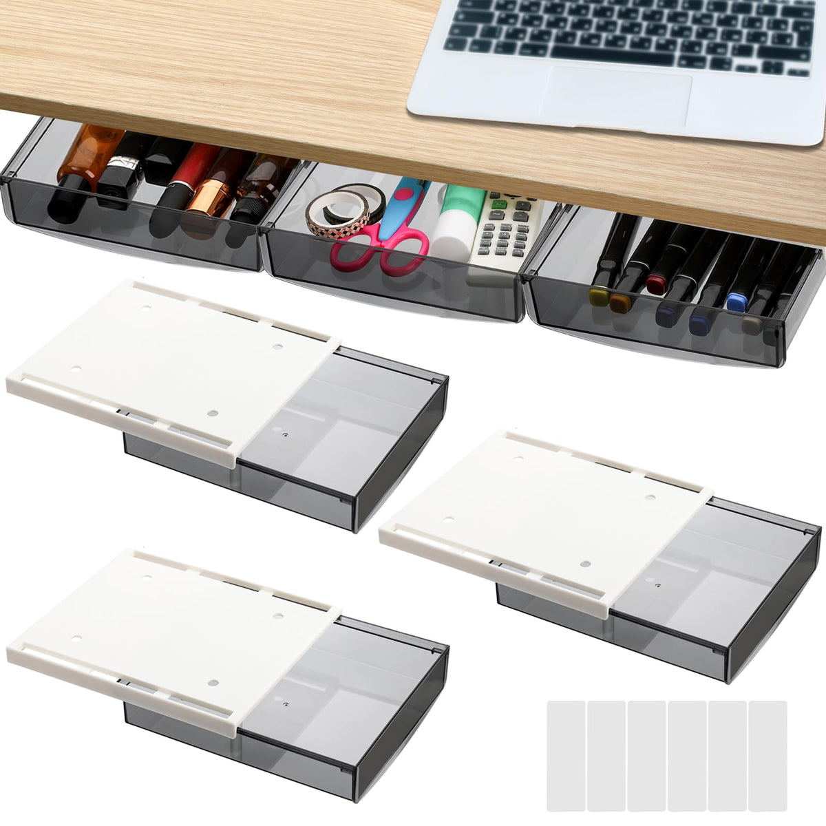 SOUJOY 3 Pack Under Desk Drawer, Self-Adhesive Slide Out Organizer Tray, Plastic Under Table