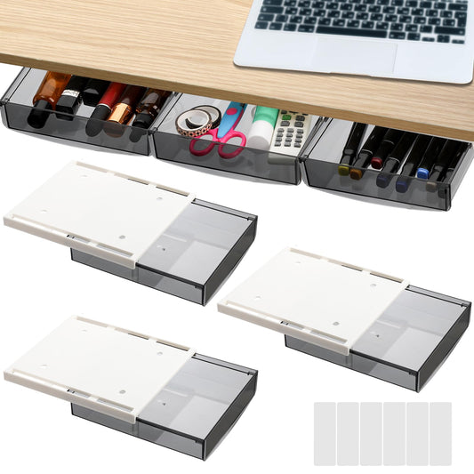 SOUJOY 3 Pack Under Desk Drawer, Self-Adhesive Slide Out Organizer Tray, Plastic Under Table