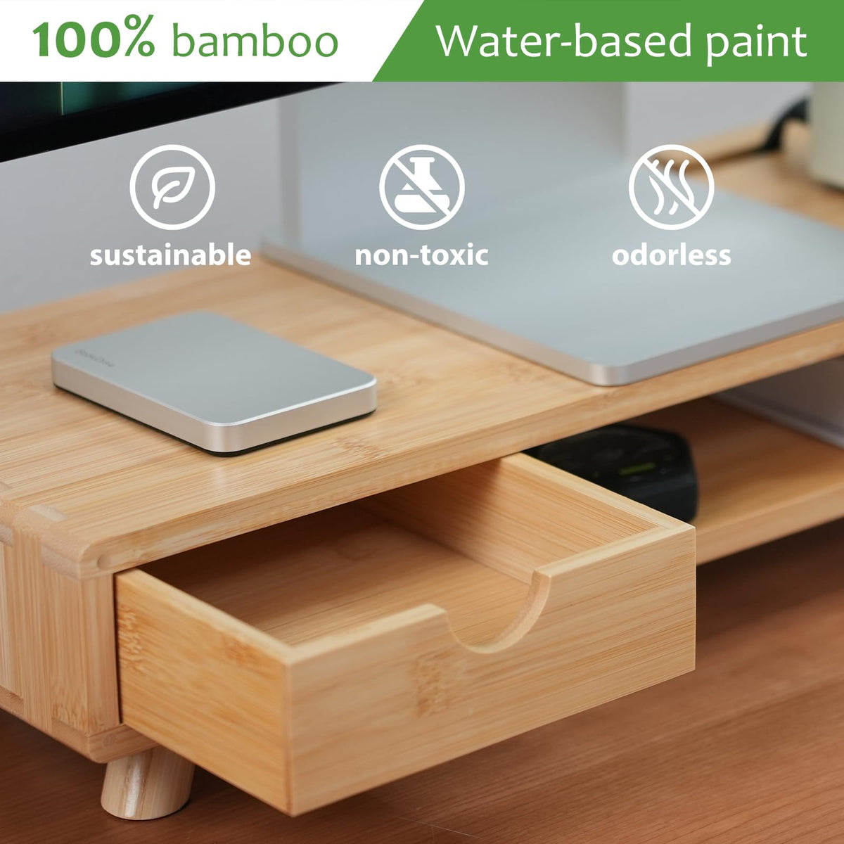 ROCDEER Bamboo Monitor Stand Riser with Drawer