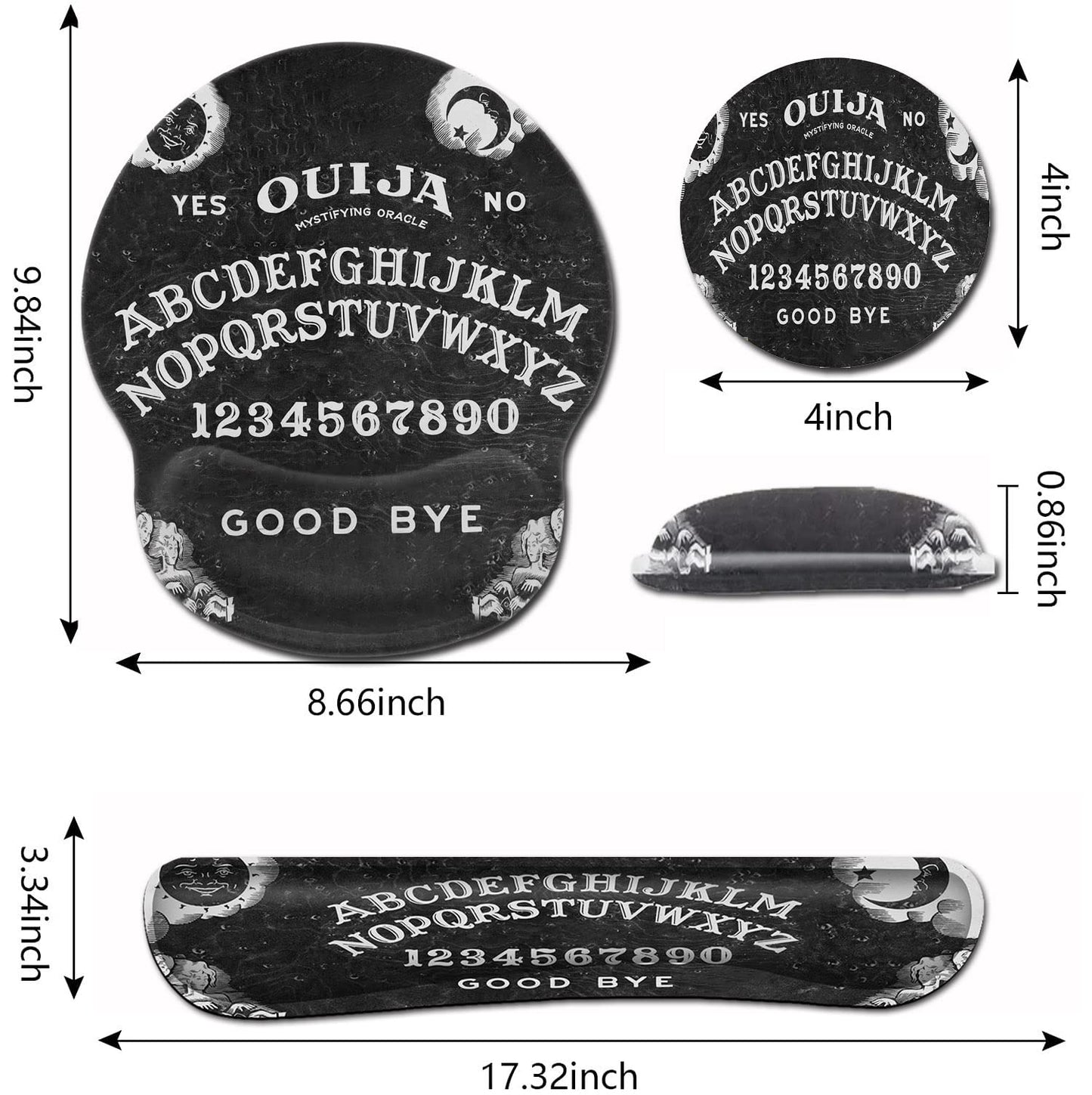 Black Mouse Pad with Stitched Edge, Non-Slip Rubber Base, Ouija Board Witch Pattern, MousePad with
