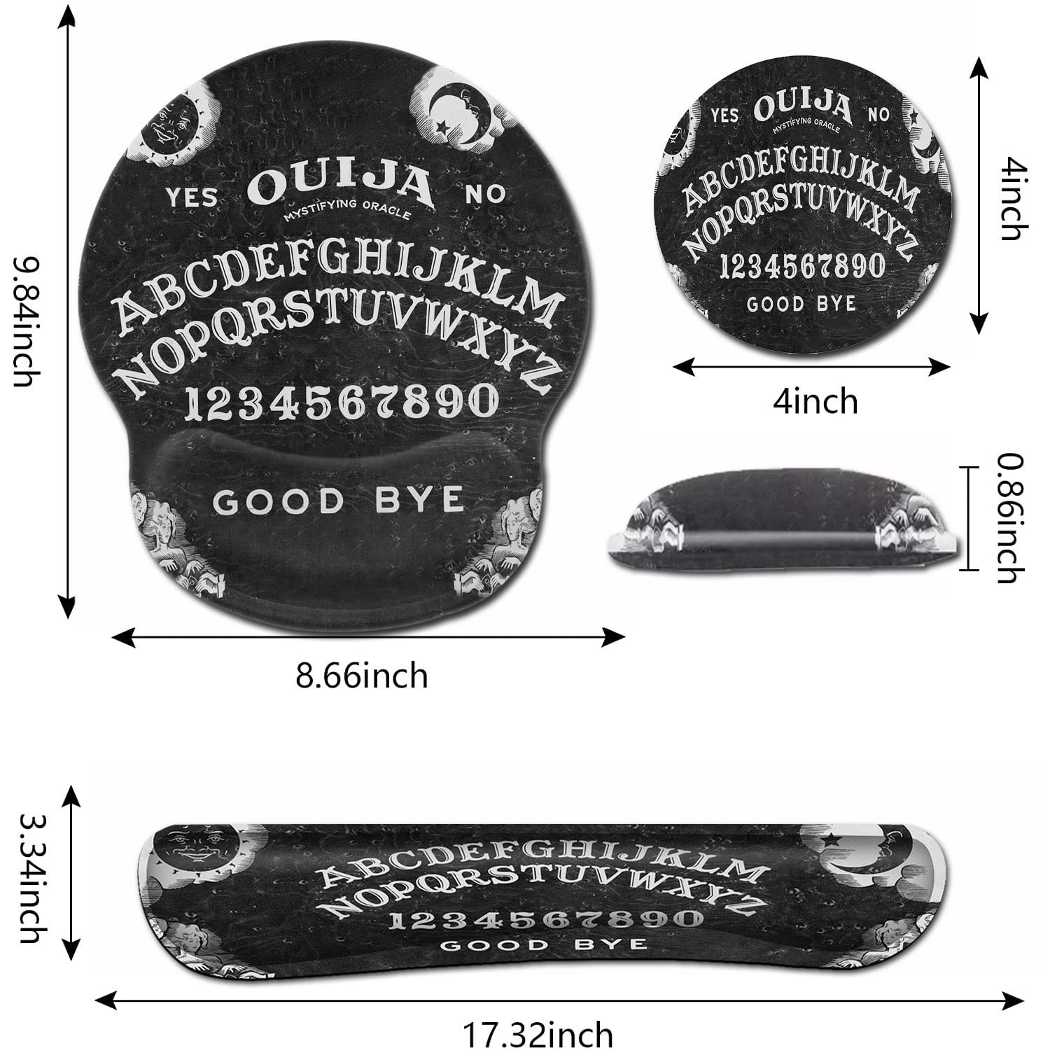 Black Mouse Pad with Stitched Edge, Non-Slip Rubber Base, Ouija Board Witch Pattern, MousePad with