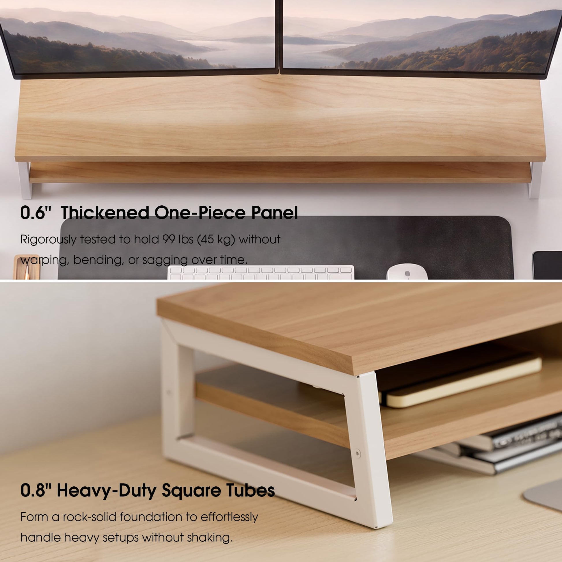 Fenge Dual Monitor Riser for Desk, Open Shelf with 3 Storage Compartments
