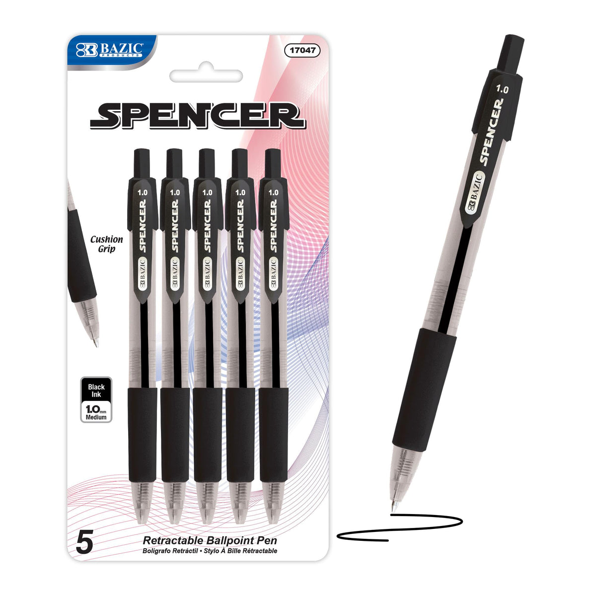 BAZIC PRODUCTS Spencer Black Ink Retractable Pens, 1.0 mm, 5Ct, 24-Box