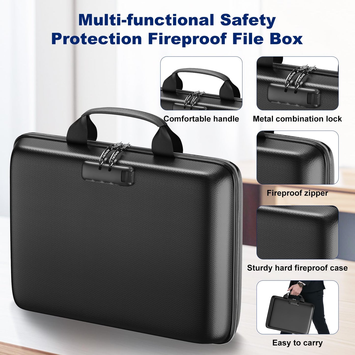 HIBWN Fireproof Document Box, Hard Case Fireproof File Organizer with Lock and 13 Pocket Accordion