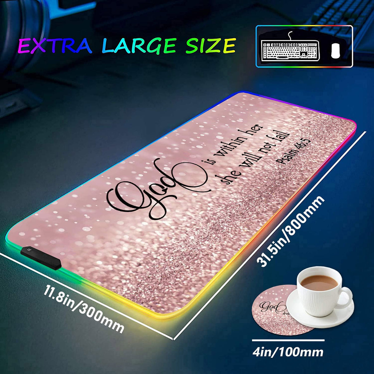 RGB Gaming Mouse Pad with Coffee Coaster, XXL Large Glowing LED Mousepad, Anti-Slip Rubber Base