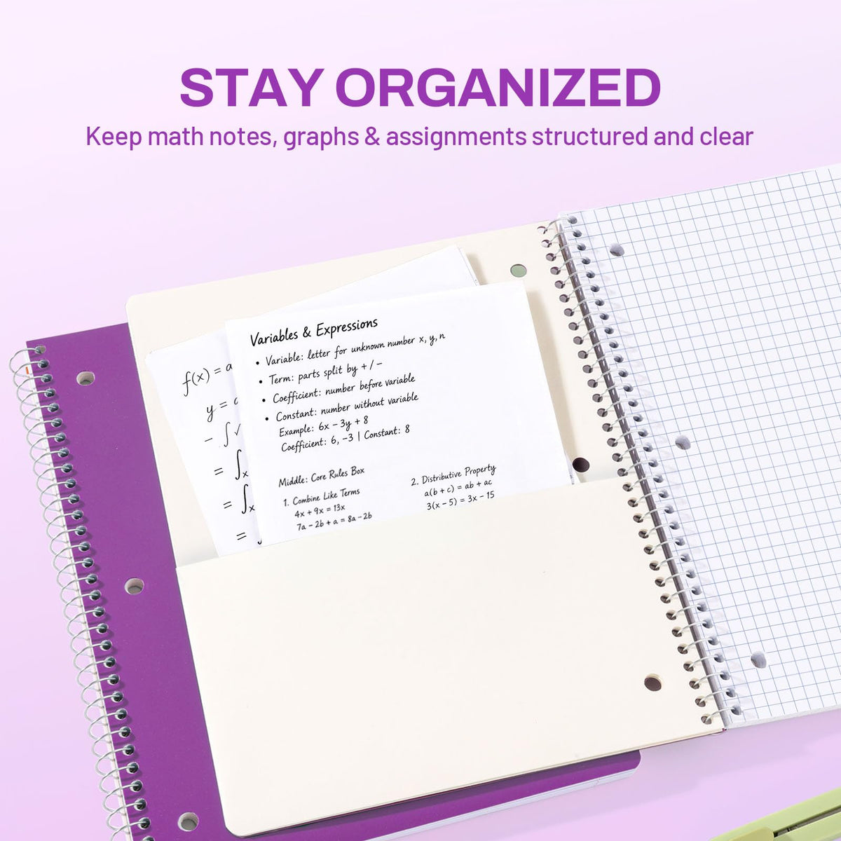 SUNEE Spiral Notebook, 1-Subject, Graph Ruled Paper, 8" x 10-1/2", 100 Sheets per Notebook, 3-Hole
