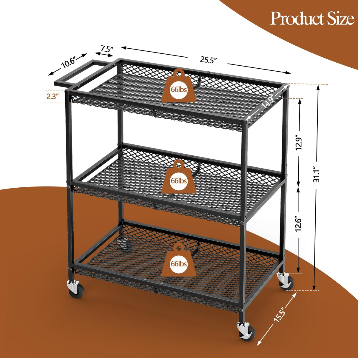 3 Tier Rolling Utility Kitchen Cart, Heavy Duty Wire Rolling Cart on Wheels, Commercial Metal