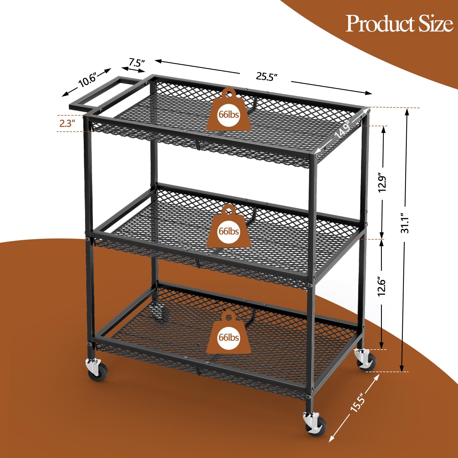 3 Tier Rolling Utility Kitchen Cart, Heavy Duty Wire Rolling Cart on Wheels, Commercial Metal