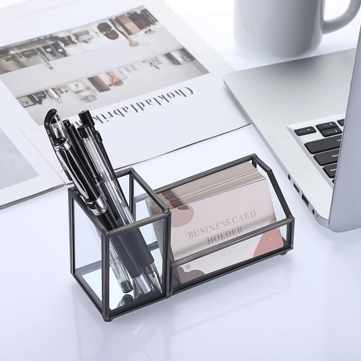 Hipiwe Clear Glass Business Card Holder with Pen Storage Holder, Black