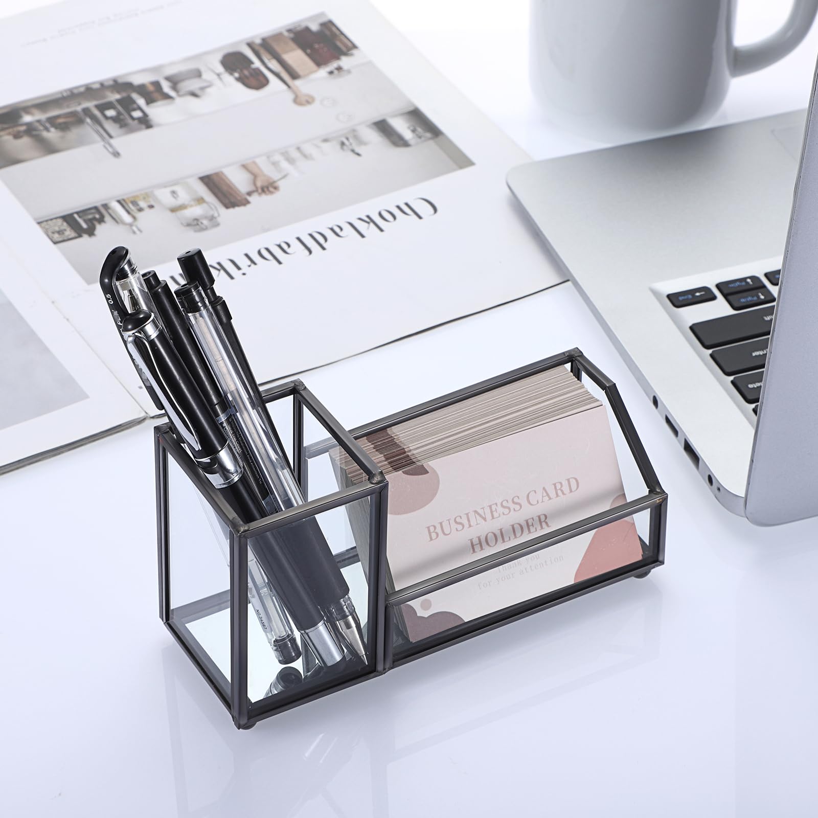 Hipiwe Clear Glass Business Card Holder with Pen Storage Holder, Black