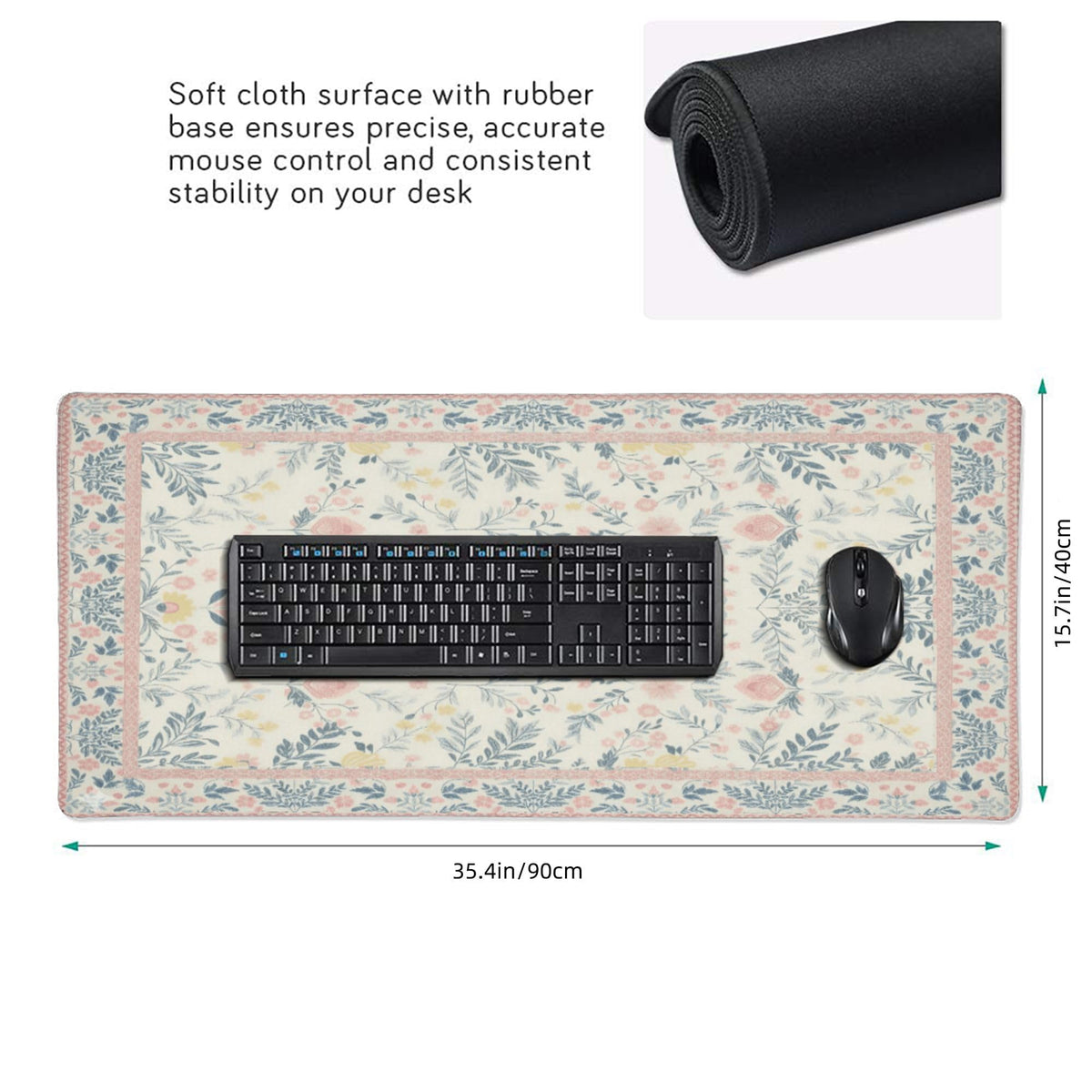 XXL Large Floral Mouse Pad - Pink Flower Desk Mat with Stitched Edges & Anti-Slip Base, Cute