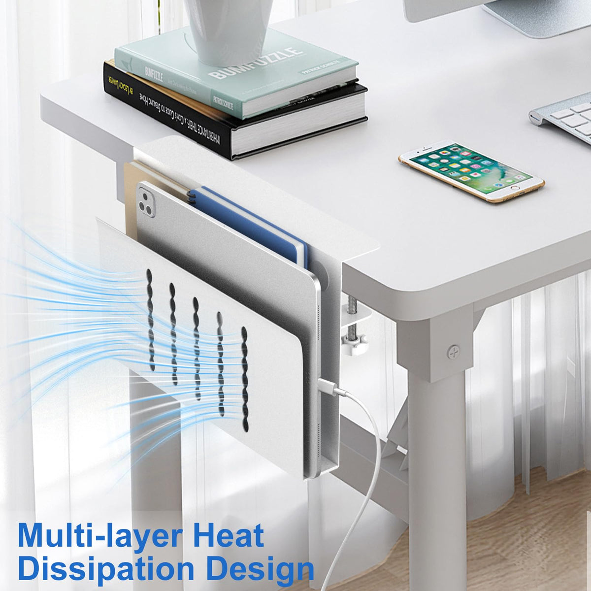 HAMOPY Desk Side Storage, Single-Layer Steel Hanging Desk Organizer with Magnetic Pen Holder, No