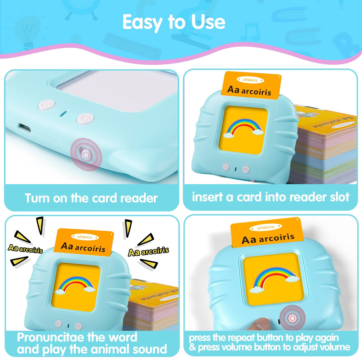 QuTZ ABC Learning Flash Cards for Toddlers 2-4 Bilingual Spanish English, Autism Toys, Speech