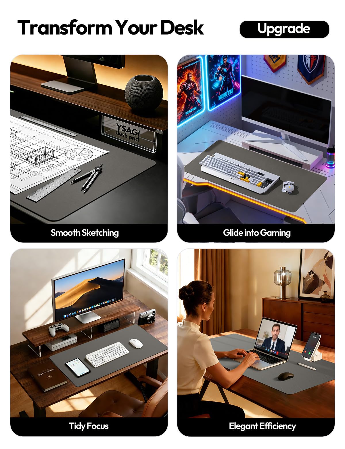 YSAGi Leather Desk Pad Protector, Office Desk Mat, Large Mouse Pad, Non-Slip PU Leather Desk