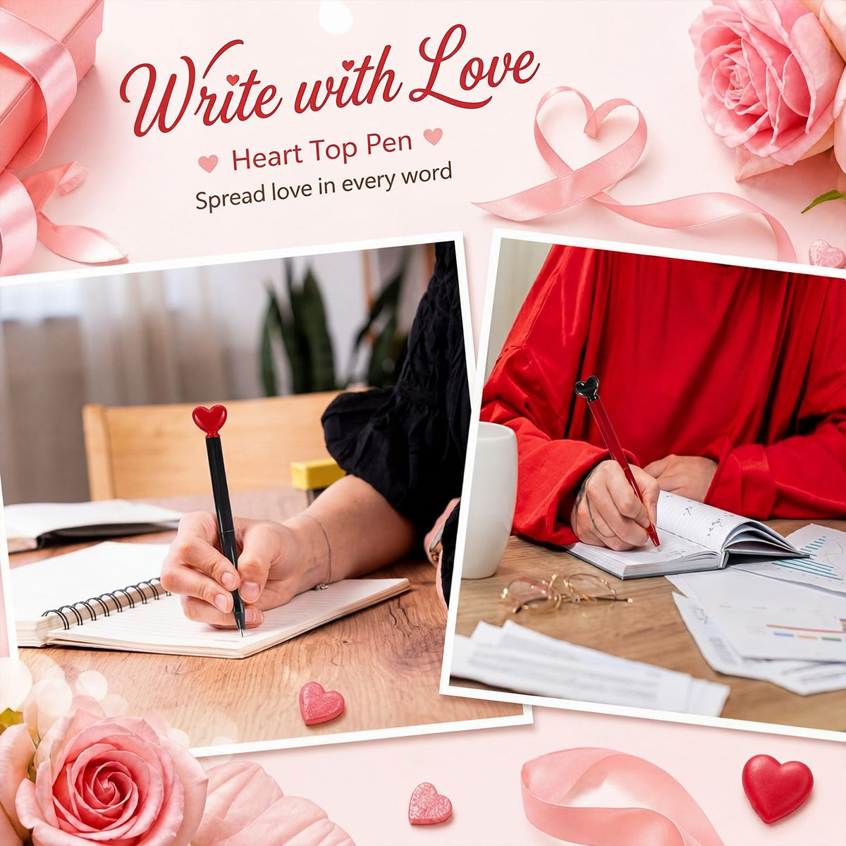 Thenshop 24 Pcs Black and Red Heart Shaped Pens Retractable Metal Cute Pens 1.0 mm Black Ink