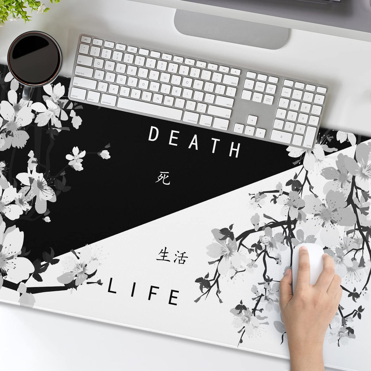Black White Japanese Mouse Pad 35.4 X 15.7 Inch XXL Cherry Blossom Death Life Full Desk Mousepad