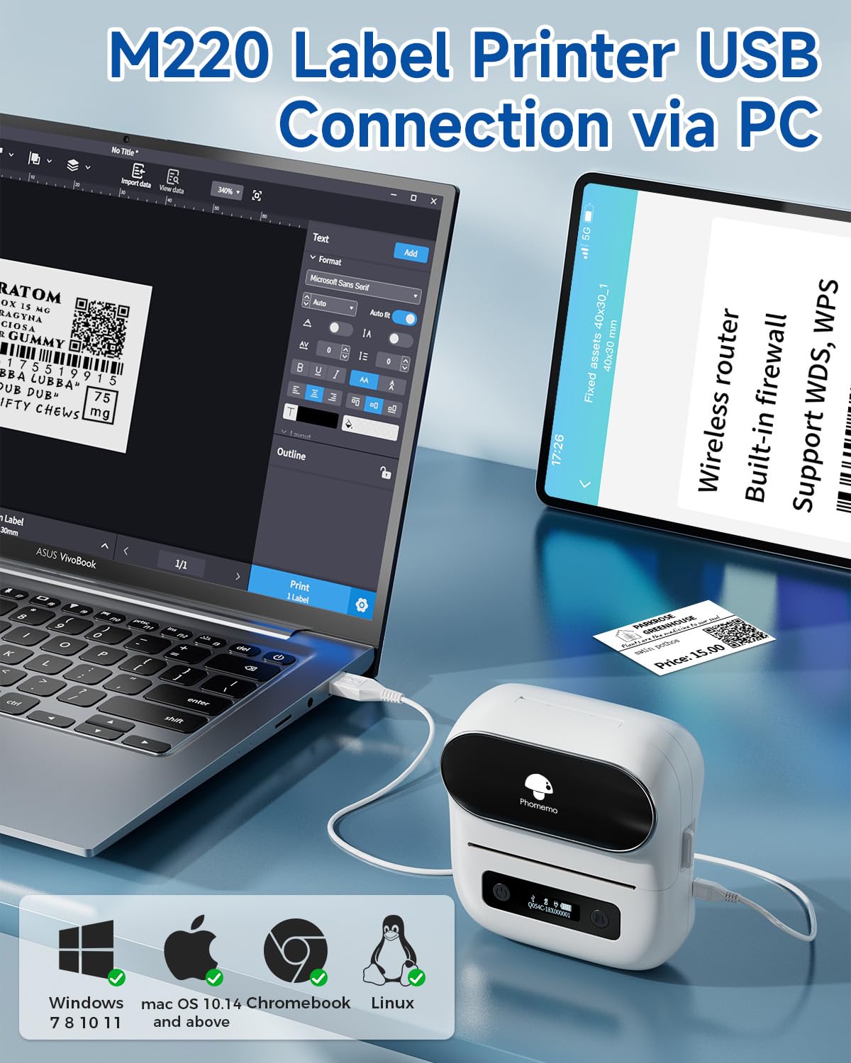 Phomemo M220 Label Maker, New Flagship 3.14 Inch Bluetooth Portable Thermal Label Printer for