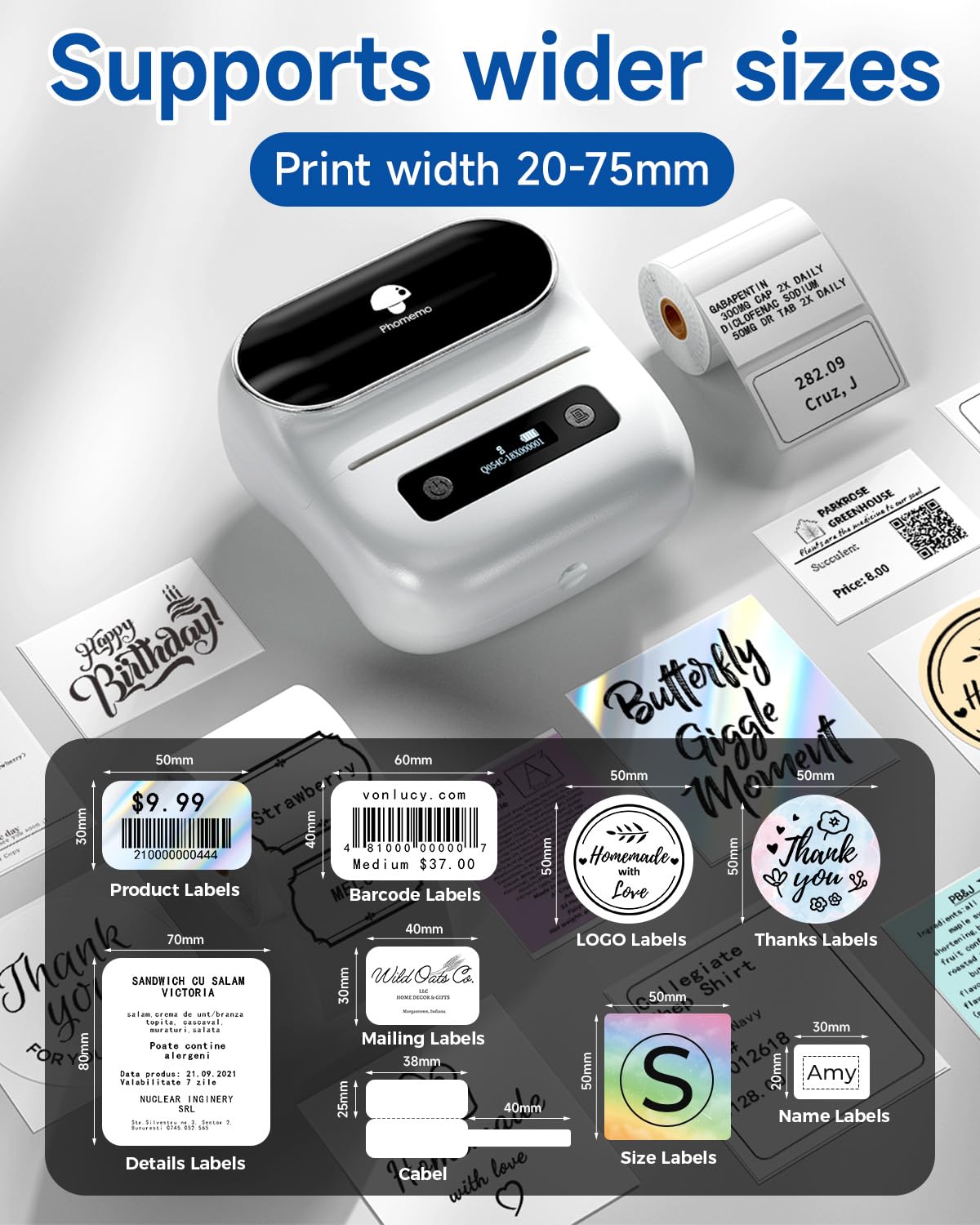 Phomemo M220 Label Maker, New Flagship 3.14 Inch Bluetooth Portable Thermal Label Printer for