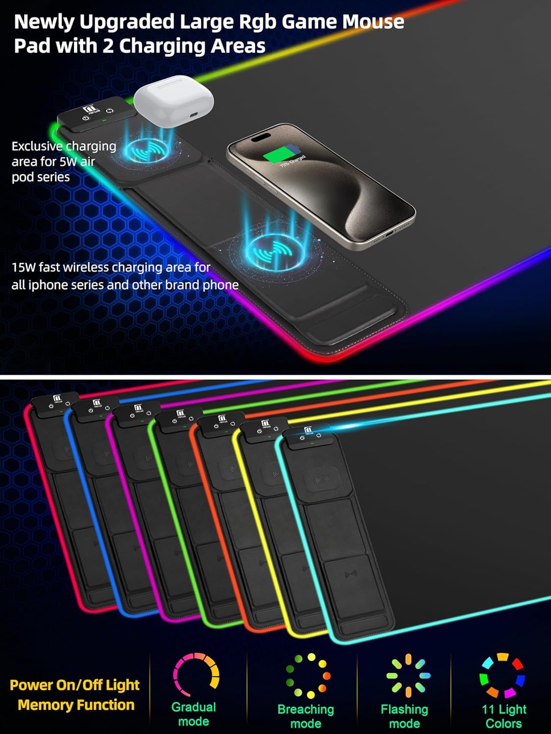 XXL Mouse Pad with Phone Holder - Black, RGB Desk Mat with 15W Fast Charging, LED Gaming Mousepad