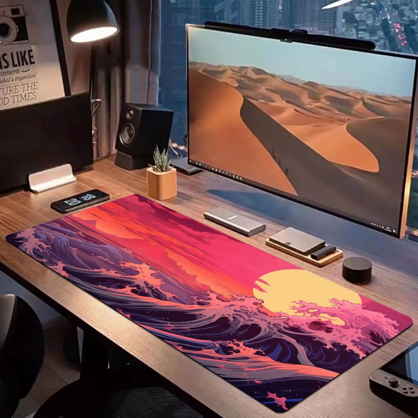 Japanese Sea Wave Large Gaming Mouse Pad with Stitched Edges, 31.5" x 15.7" Large Extended Computer