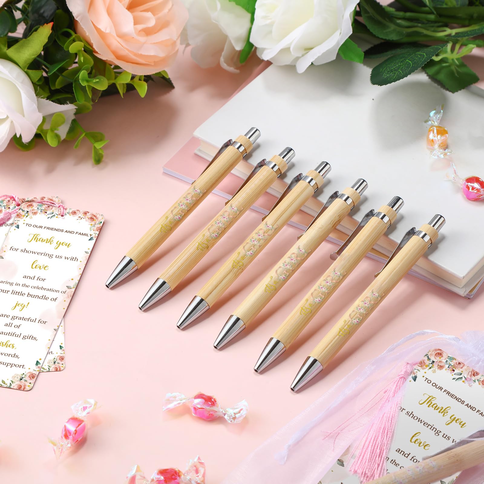 Gilprop 50 Sets Baby Shower Favor for Guest Ballpoint Pen Bookmarks Floral