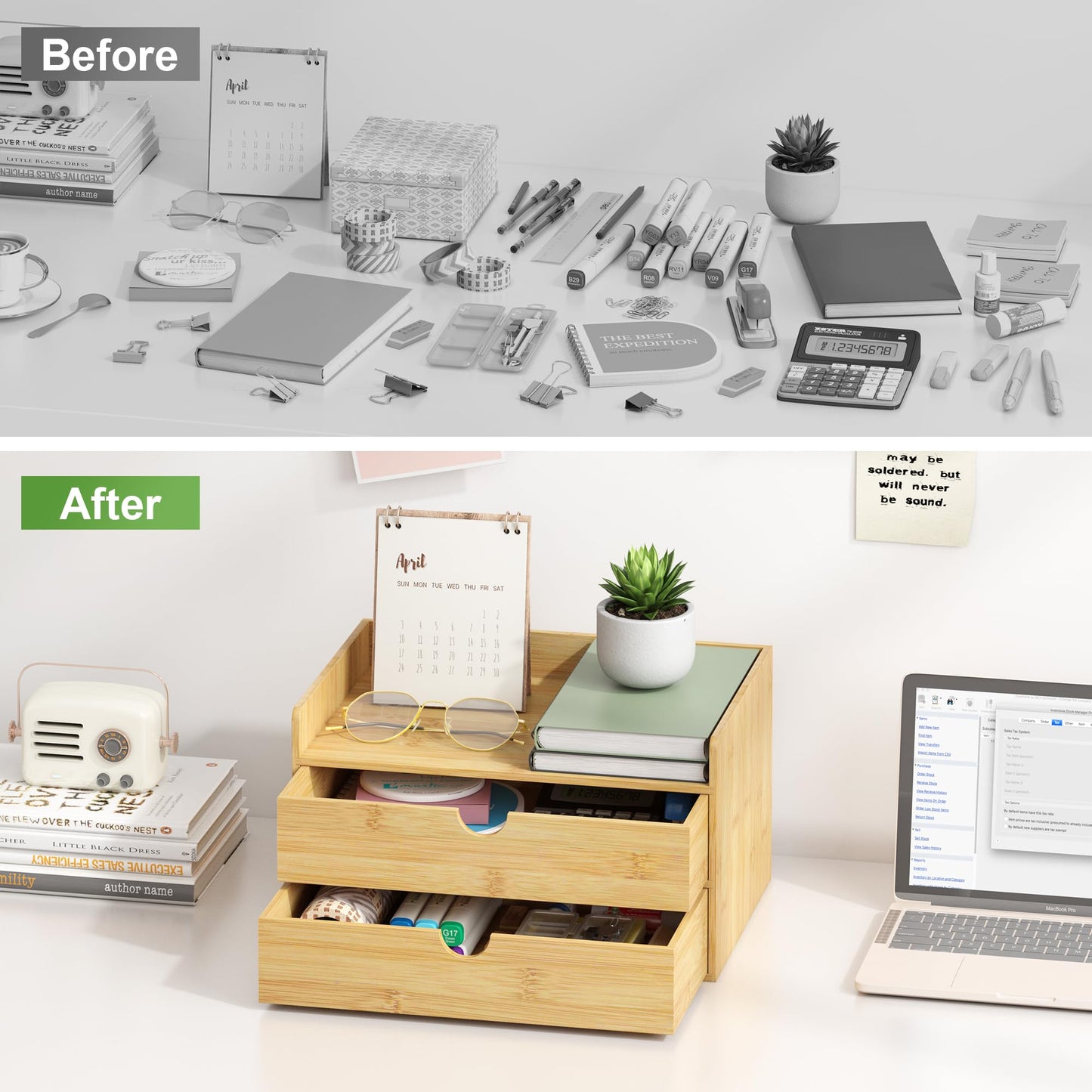 Wisuce Bamboo Desk Drawer Organizer, 2 Drawer Desktop Organizer with Drawers Tabletop Storage