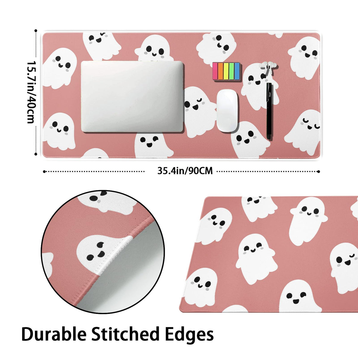 Halloween Cute Ghost Mouse Pad Kawaii Cartoon Spooky Funny Spirit Extended Desk Mat Non-Slip Rubber