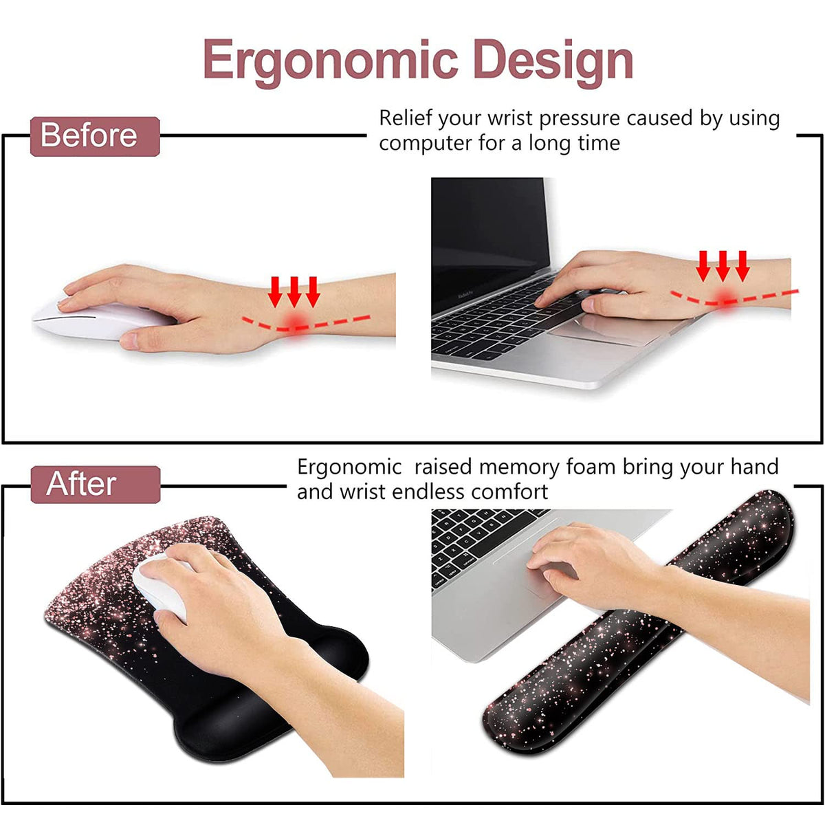 Rose Gold Glitter Mouse Pad with Wrist Support - Ergonomic Gel & Soft Memory Foam Keyboard Rest