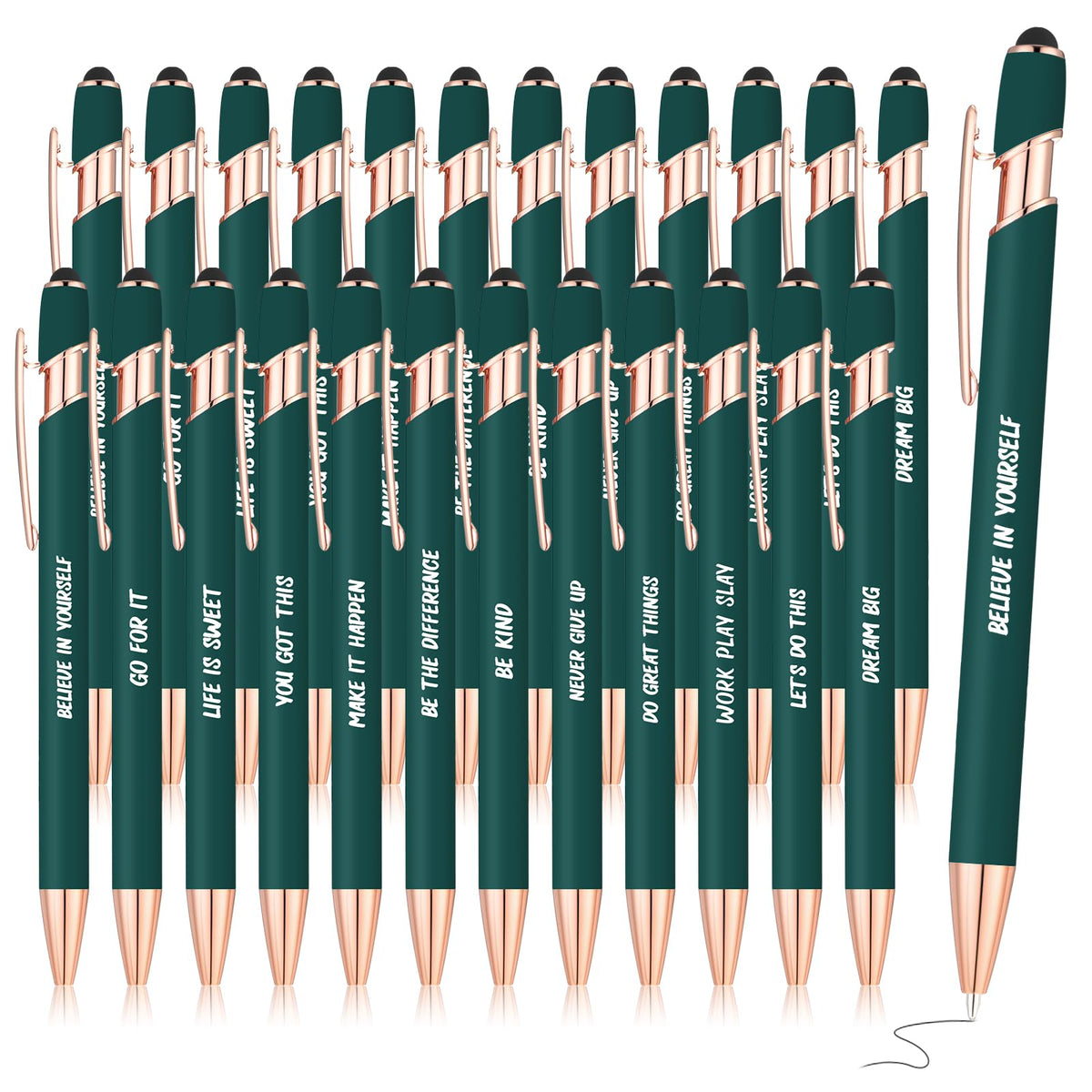 Yeaqee 24 Pcs Inspirational Ballpoint Pens Black Ink Stylus, Dark Green