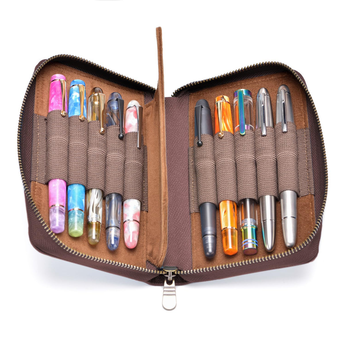 Asvine Fountain Pen Case Genuine Leather Pen Case 10 Divided Slots Coffee, Rollerball Pen Holder