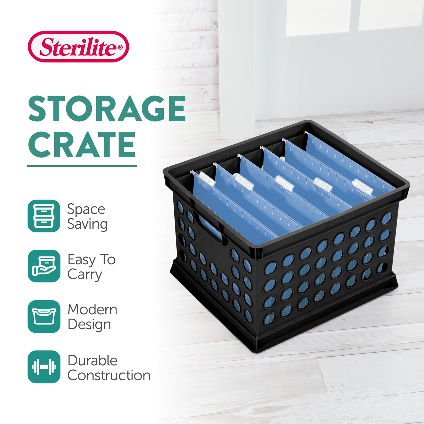 Sterilite Storage Crate Bin File Organizer for Home & Office, Black, 6-Pack