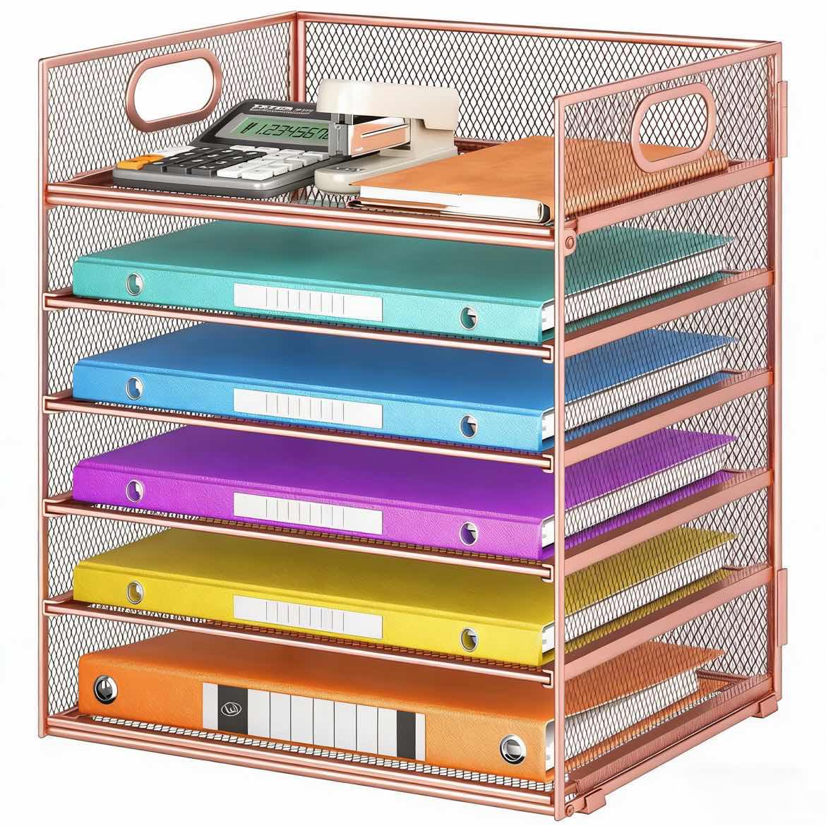 6 Tiers Letter Tray Paper Organizer with Handle, Mesh Desk File Organizer, Metal Desktop Document
