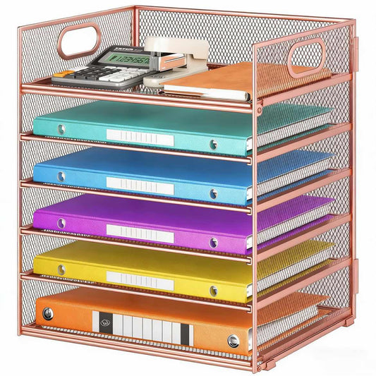 6 Tiers Letter Tray Paper Organizer with Handle, Mesh Desk File Organizer, Metal Desktop Document