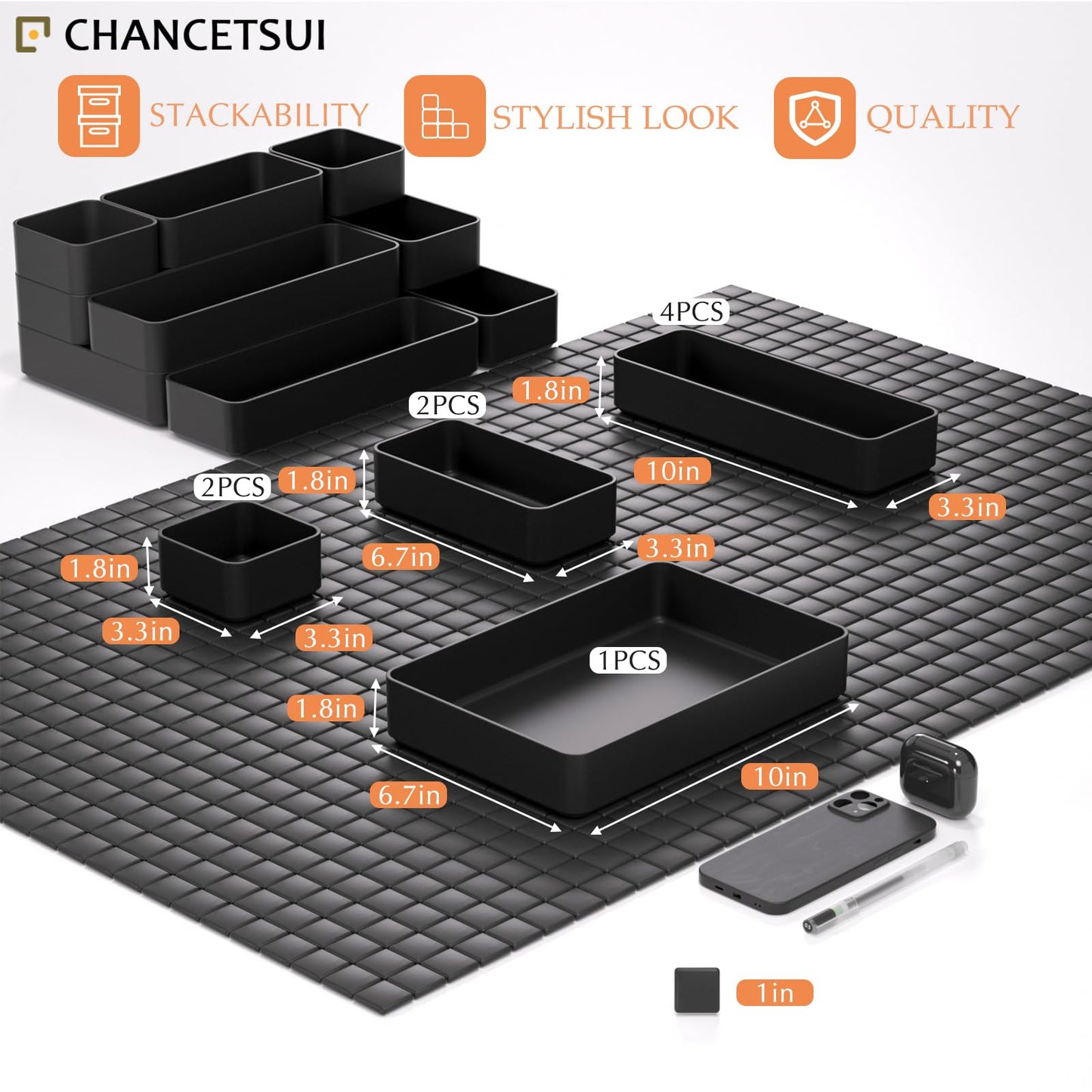 Black Bathroom Drawer Organizer Trays: 9 PC Stackable Desk Organizers Bin