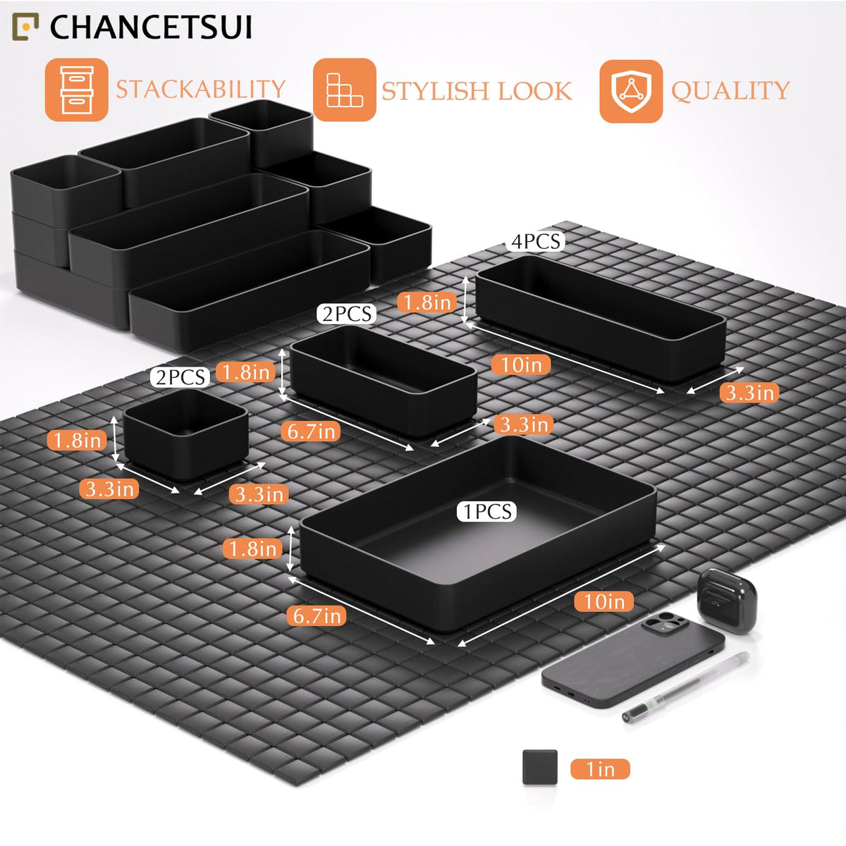 Black Bathroom Drawer Organizer Trays: 9 PC Stackable Desk Organizers Bin