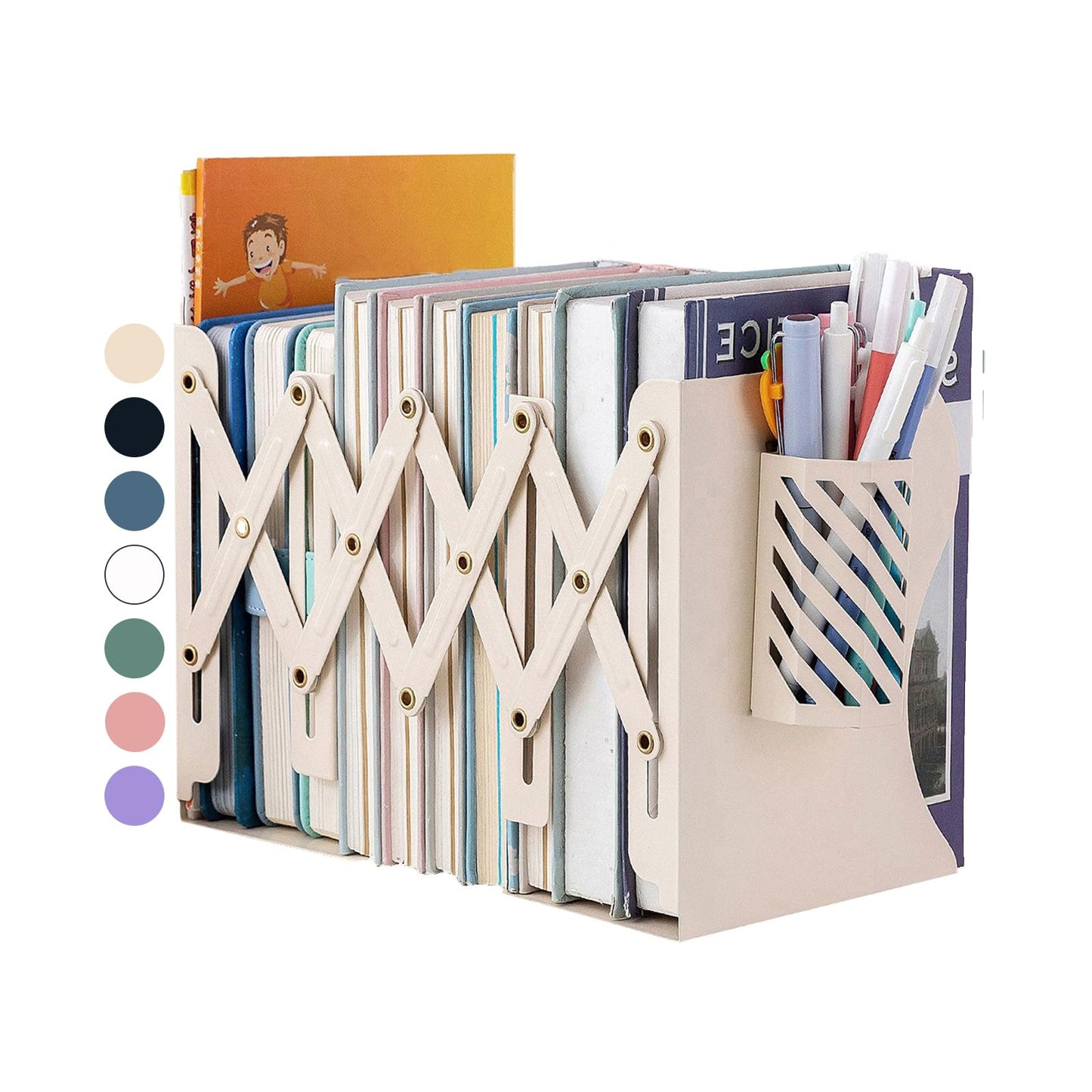 Kingsmile Book Ends, Adjustable Heavy Duty Metal Book Stoppers with Pen Holder for Desk Office