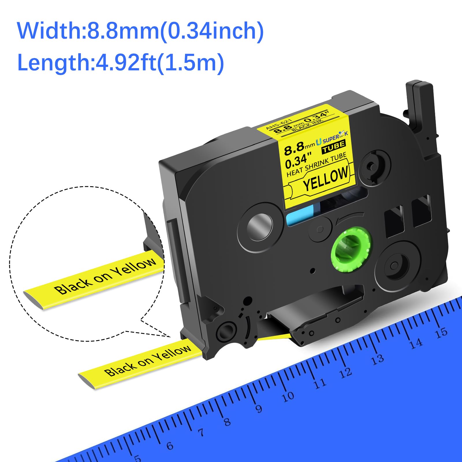 USUPERINK 2PK Compatible for Ptouch HSe-621 HSe621 HS-621 HS621 Black on Yellow 8.8mm 0.34'' Heat