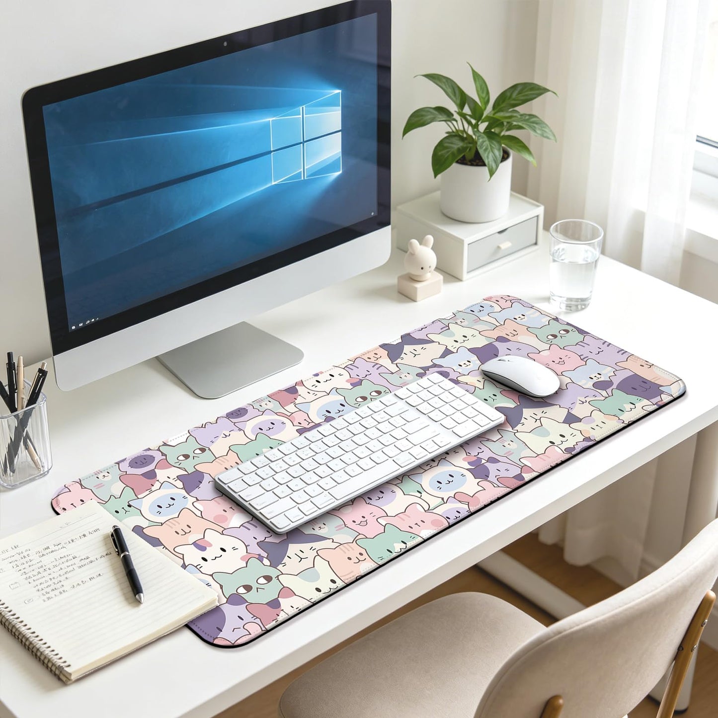 JIANG100 Cute Cat Gaming Desk Mat, Kawaii Pastel Extended Mouse Pad, Pink