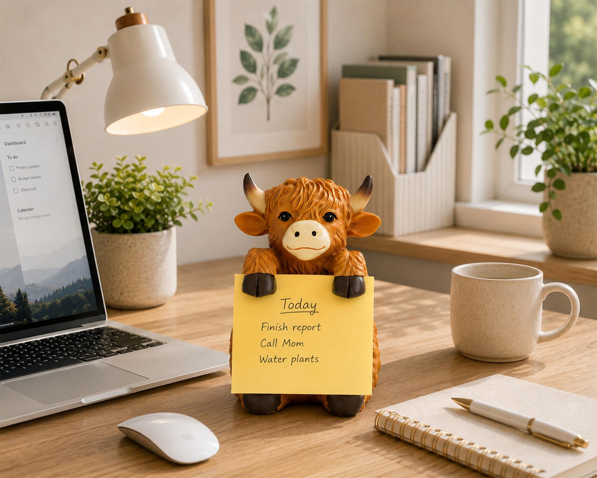 HORTIX Highland Cow Pop-Up Sticky Note Dispenser for 3 x 3 in Notes, Brown