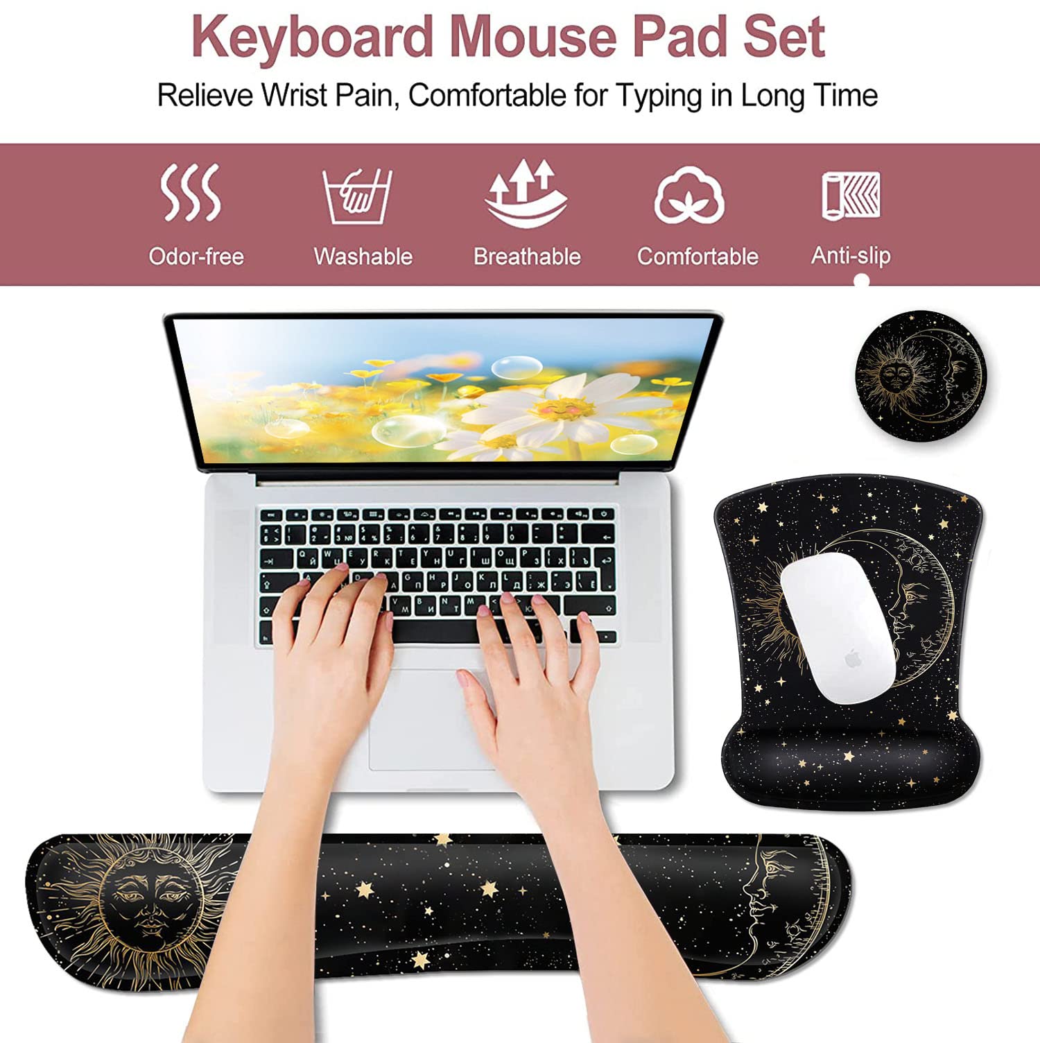 Black Mouse Pad with Stitched Edge, Non-Slip Rubber Base Mythic Celestial The Sun and Moon Twelve