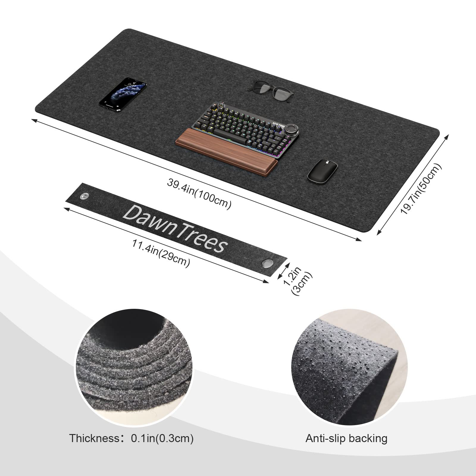 DAWNTREES Large Felt Desk Mat,39.4''x19.69'' Full Keyboard and Mouse Pad